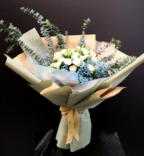 White roses with blue bouquet - Elegant Floral Gift Boutique