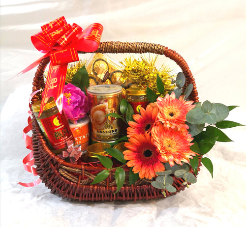 cny hamper with flower arrangment - Elegant Floral Gift Boutique